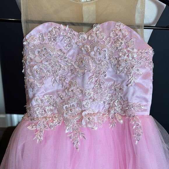 Girls Pink Formal Party Flower Girl Dress High Low Zip Back Beaded Bodice Size 3 - Picture 2 of 9
